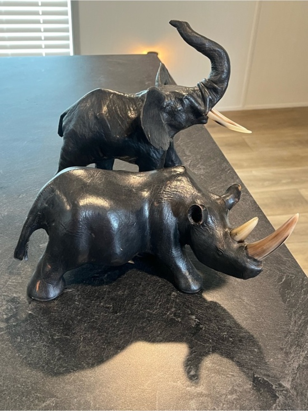 Set Of 2 Vintage Leather Wrapped Statue Animals With Tusks Handmade Table Art